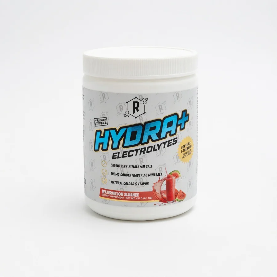 Hydra+ Electrolytes, watermelon slushee flavor with a splash of watermelon juice