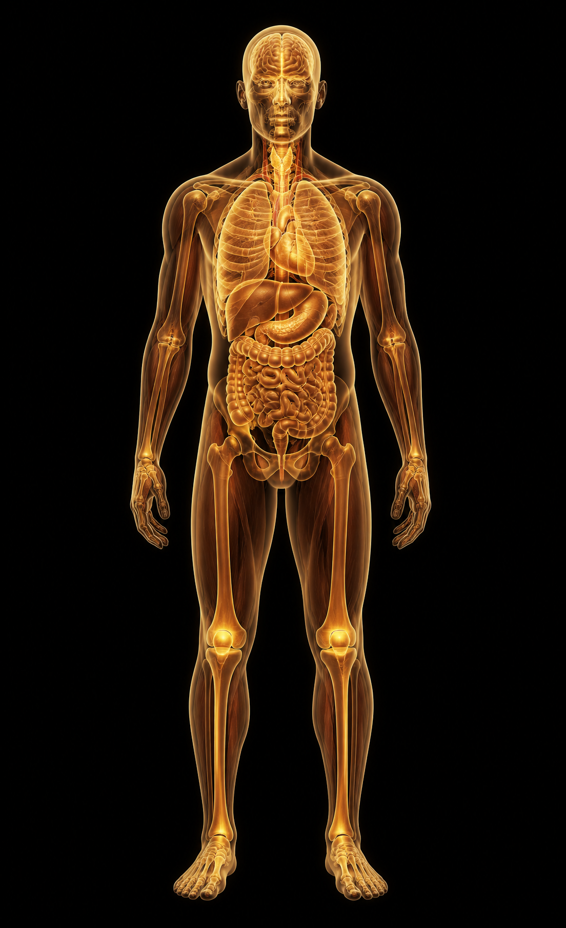 Anatomical illustration highlighting the pituitary, thyroid, thymus, liver, pancreas, gut, muscle groups, and joints — the areas peptides act on