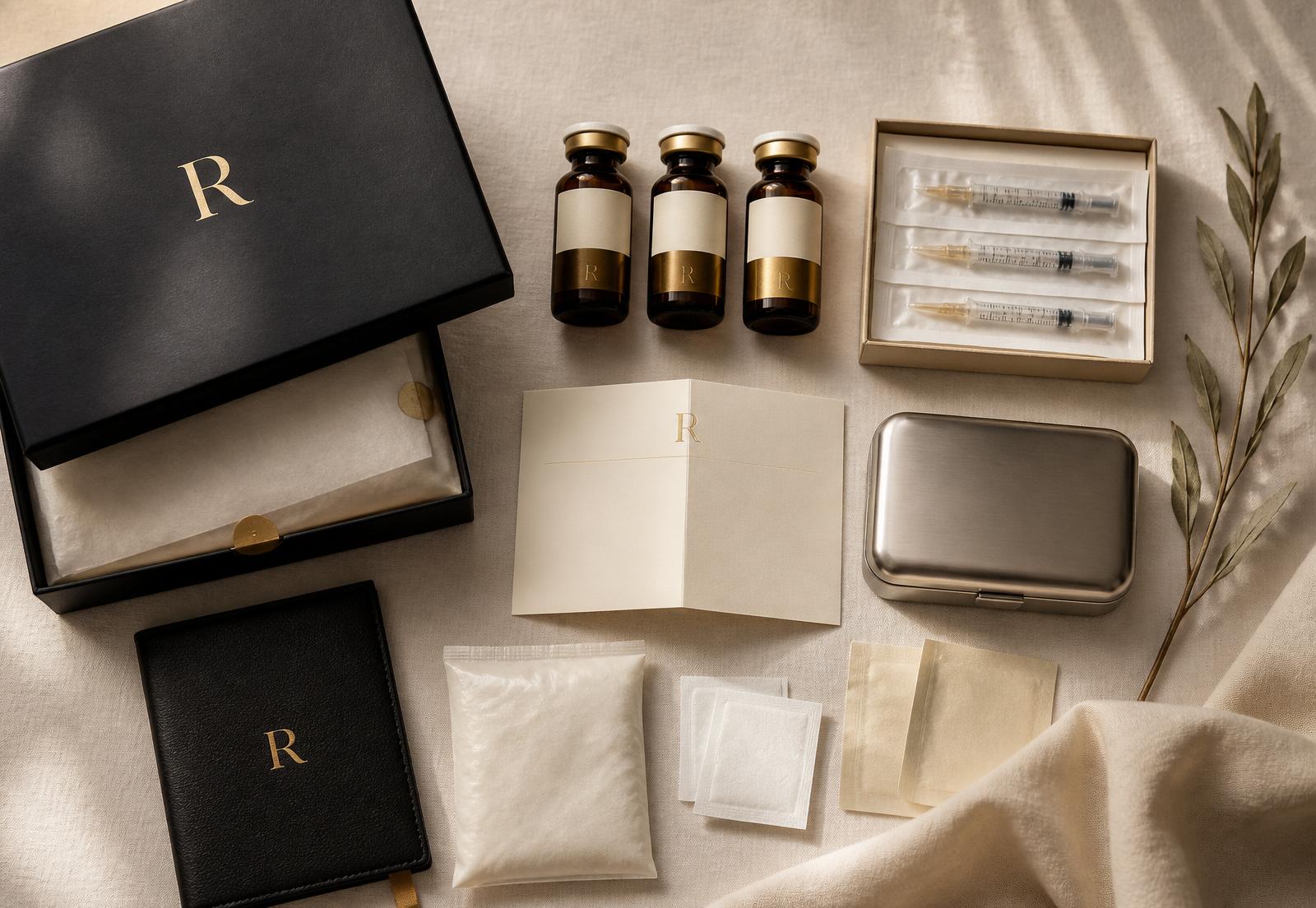 Overhead view of every item in the Rehab® Health Lab kit — amber-glass vials, insulin syringes, alcohol swabs, and the pharmacy card