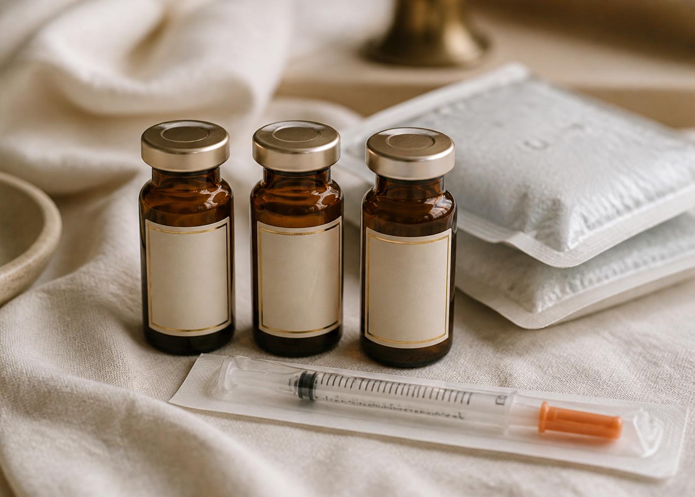 Three amber-glass compounded medication vials on ivory linen next to an ultrafine insulin syringe and a cold pack